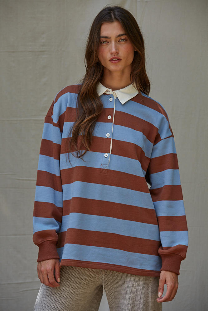 Brown + Blue Stripe French Terry Rugby Shirt