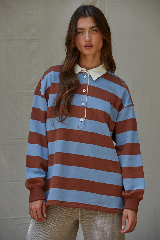 Brown + Blue Stripe French Terry Rugby Shirt