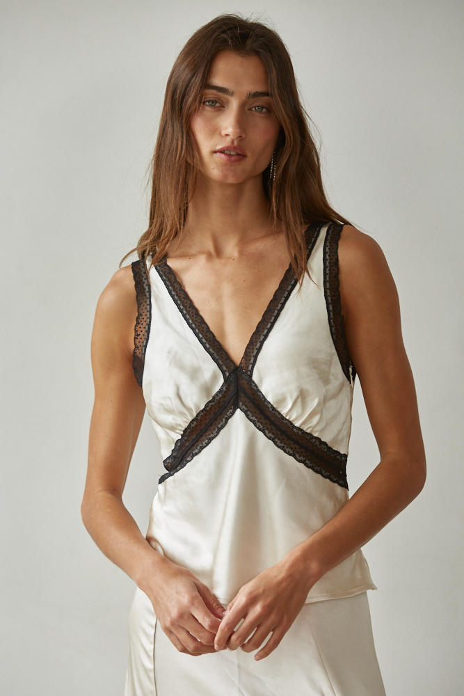 Satin Lace Trim Sleeveless Top