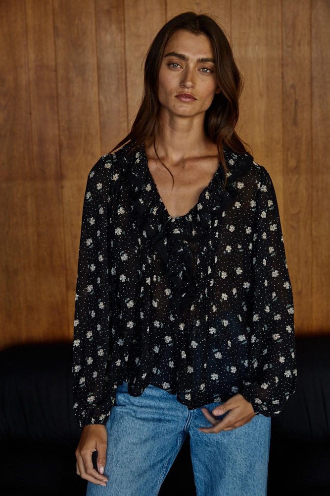 Black Floral Print Lace Ruffle Blouse