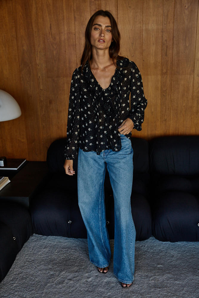 Black Floral Print Lace Ruffle Blouse