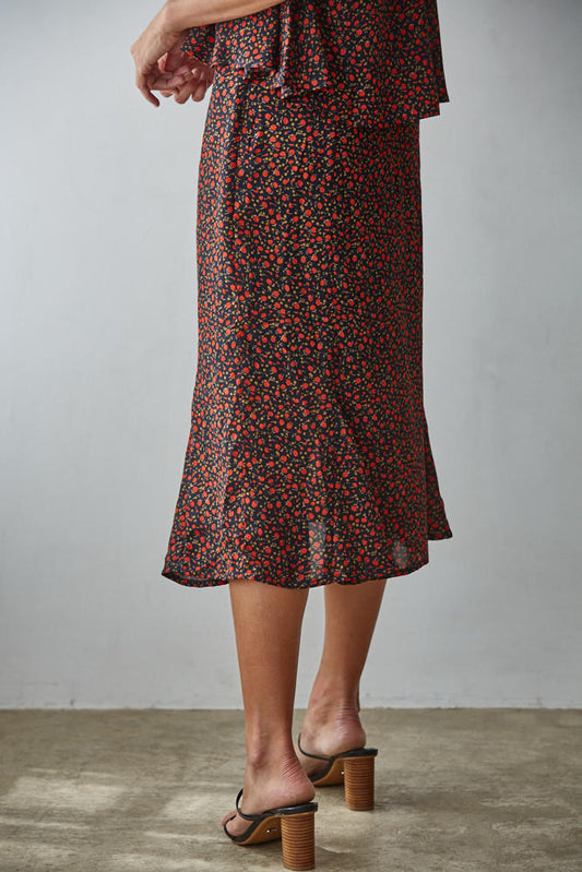 Red Ditsy Floral Print Flare Midi Skirt