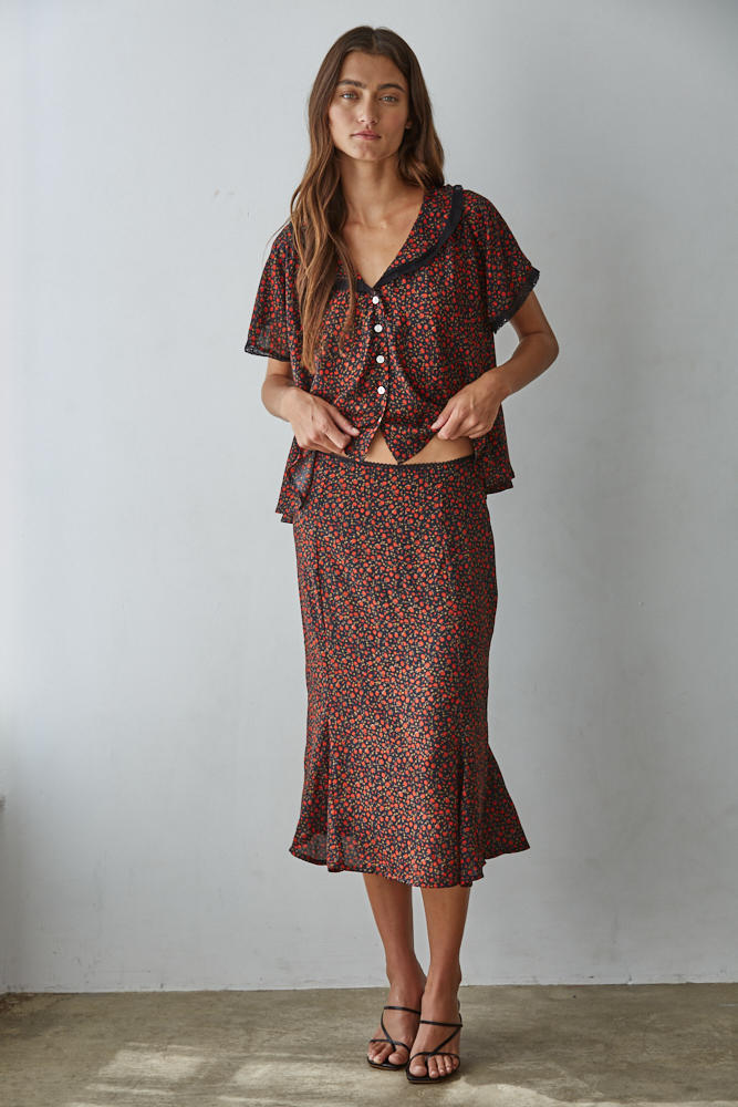 Red Ditsy Floral Print Flare Midi Skirt