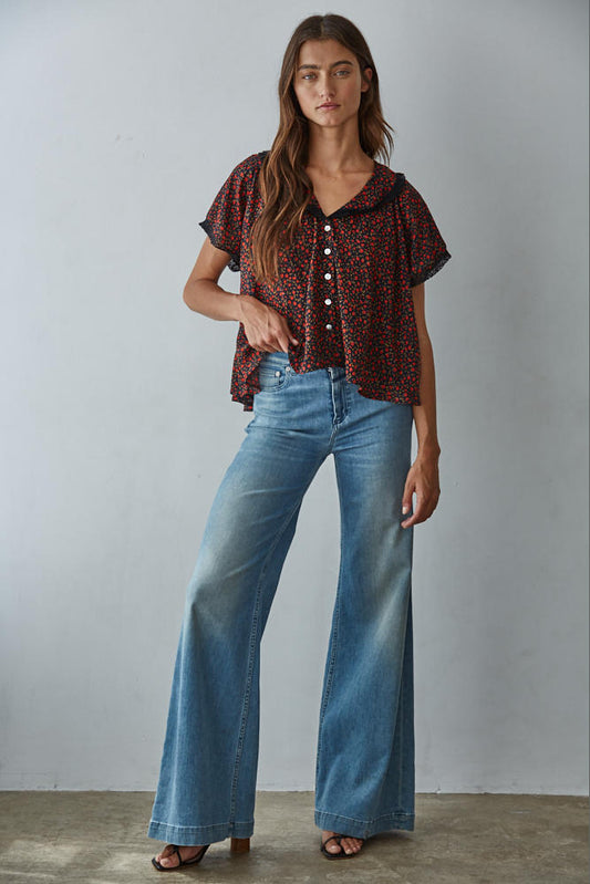 Red Ditsy Floral Print Lace Trim Blouse