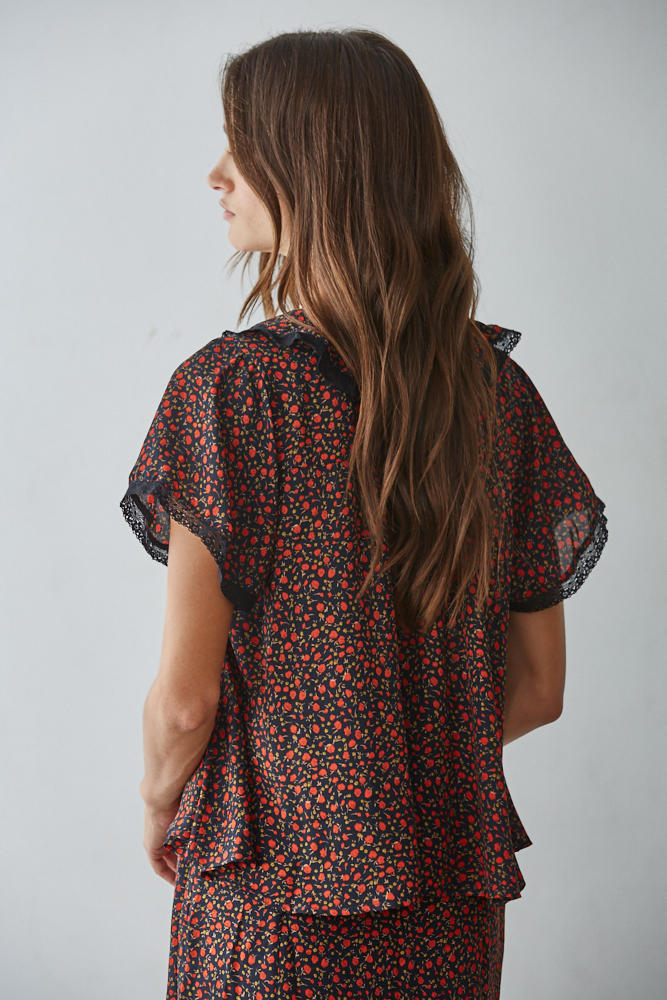Red Ditsy Floral Print Lace Trim Blouse