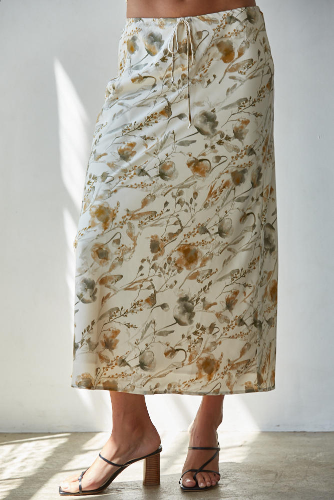Cream Floral Print Satin Midi Skirt