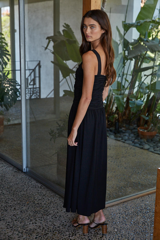 Shirred Drop Waist Sleeveless Knit Maxi Dress