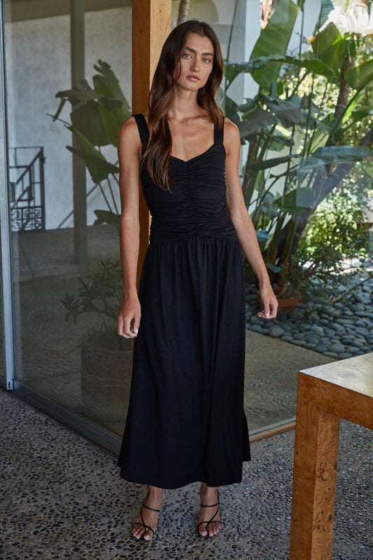 Shirred Drop Waist Sleeveless Knit Maxi Dress