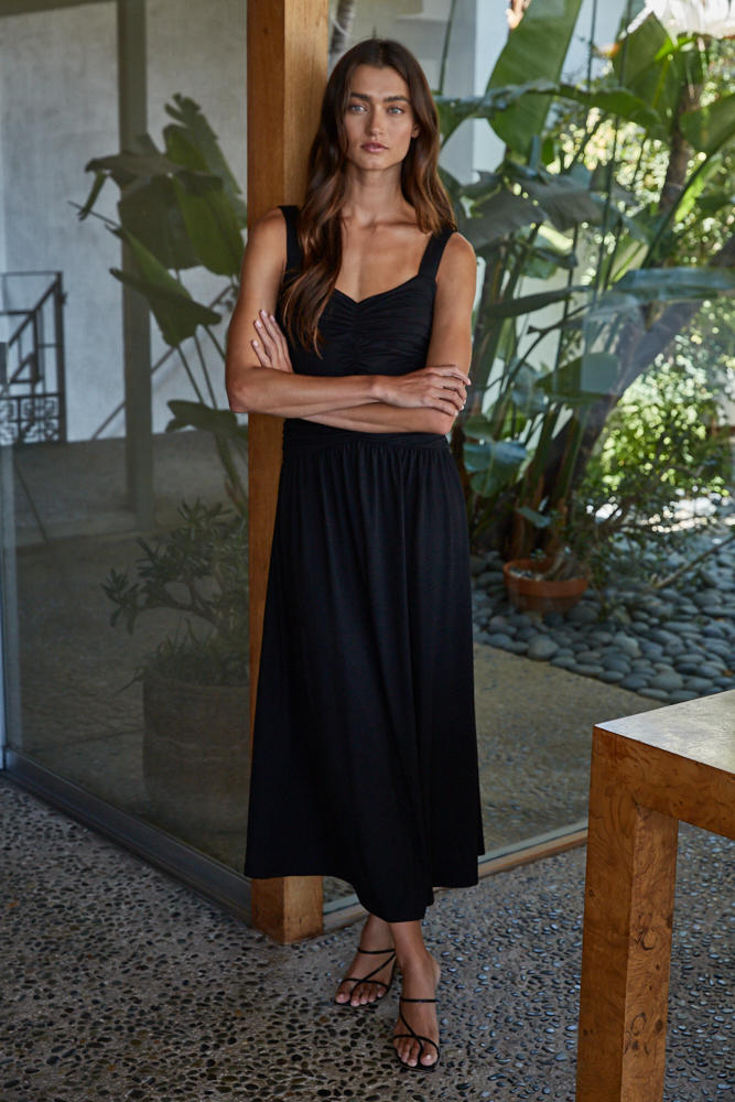 Shirred Drop Waist Sleeveless Knit Maxi Dress