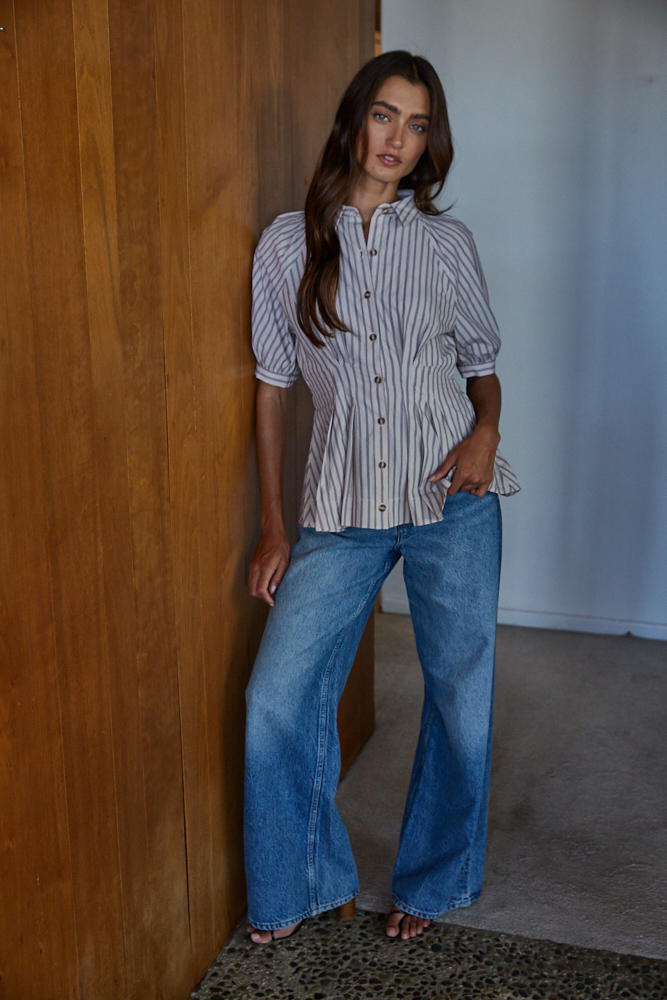 Taupe Cotton Striped Short Sleeve Button Up Peplum Blouse