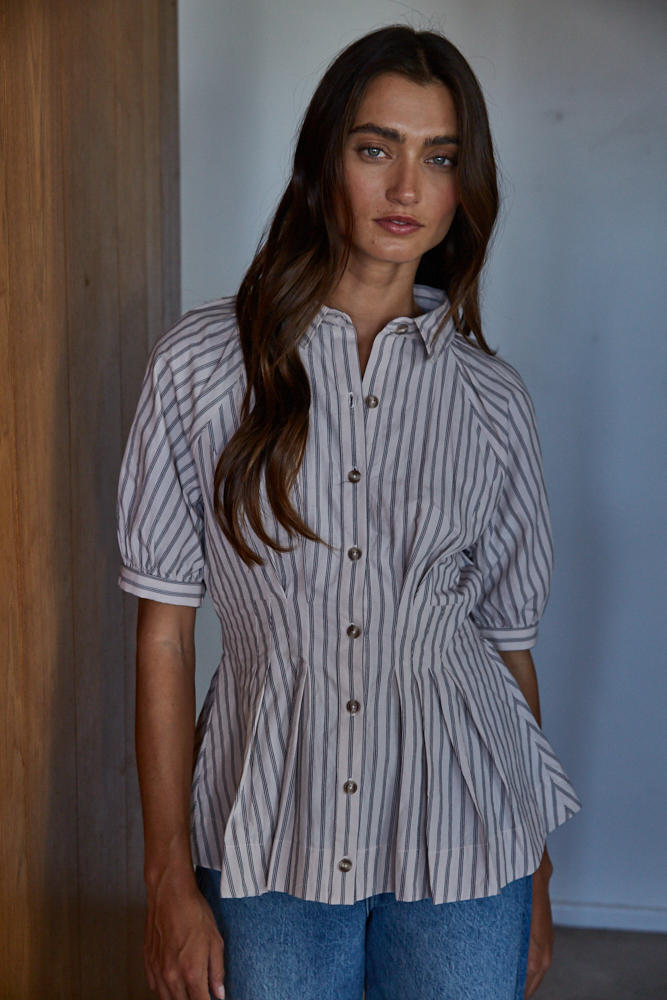 Taupe Cotton Striped Short Sleeve Button Up Peplum Blouse