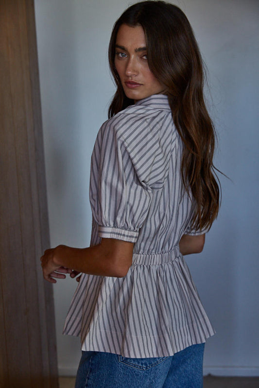 Taupe Cotton Striped Short Sleeve Button Up Peplum Blouse