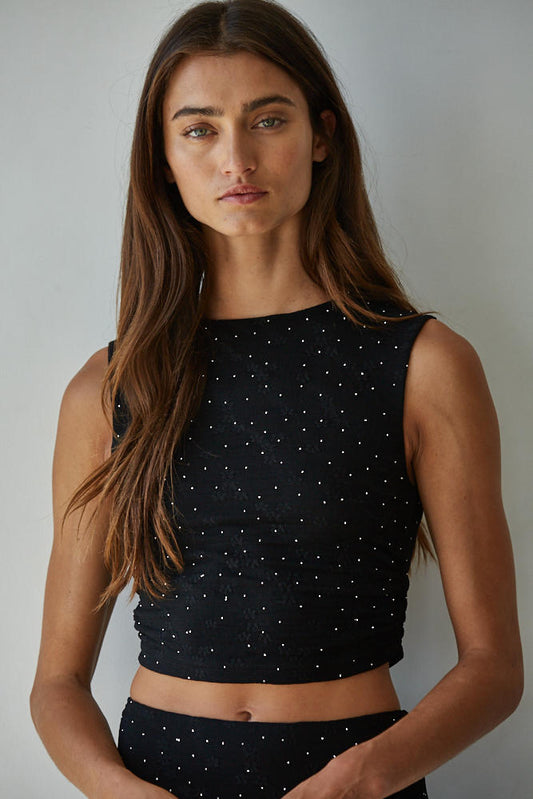 Black Beaded Rhinestone Lace Sleeveless Cropped Top