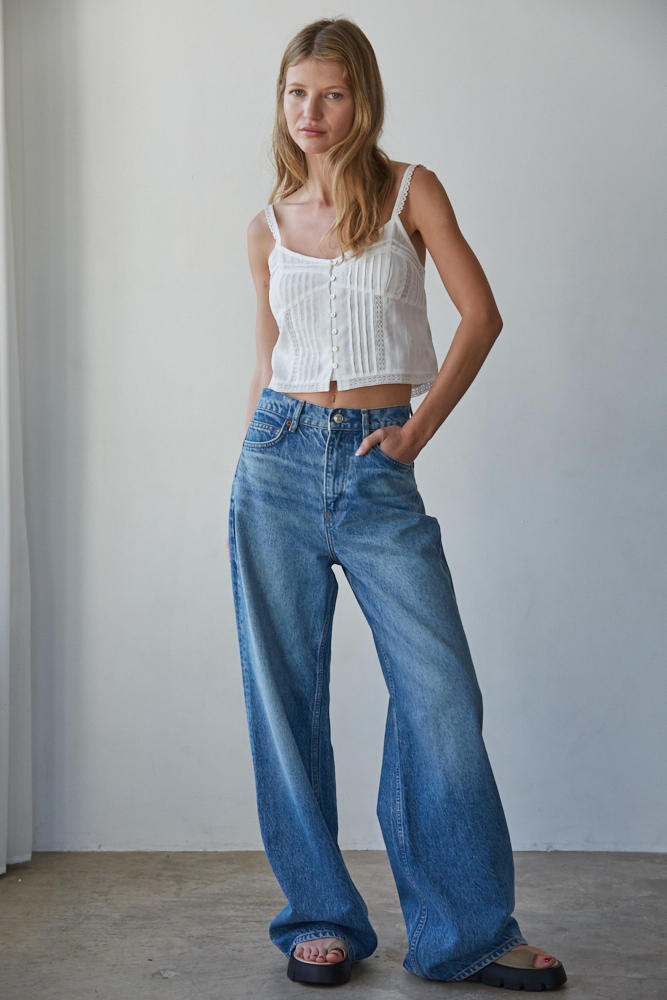 White Lace Trim Button Front Cotton Cami