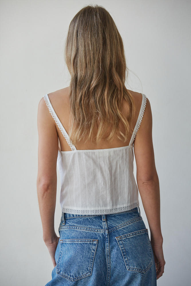 White Lace Trim Button Front Cotton Cami