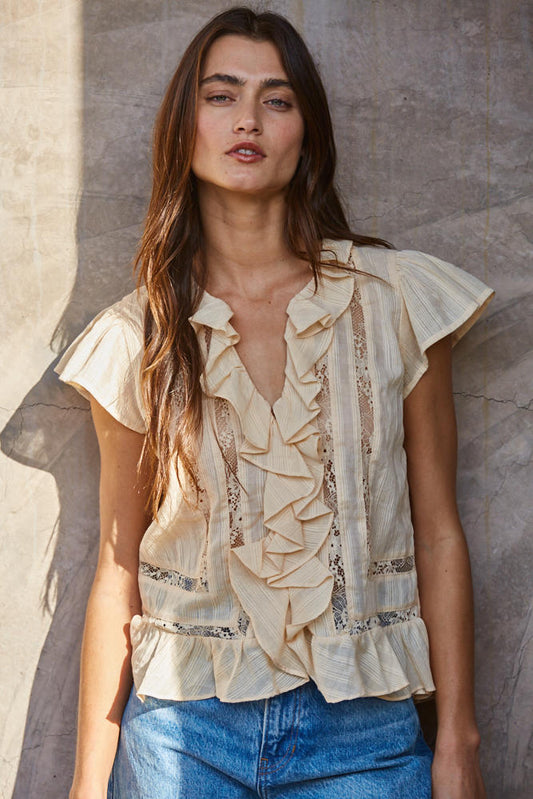 Natural Cotton Lace Trim Ruffle Button Top