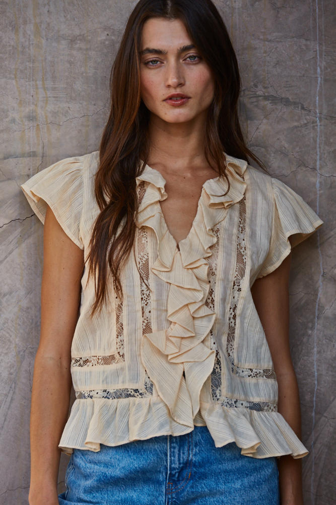 Natural Cotton Lace Trim Ruffle Button Top