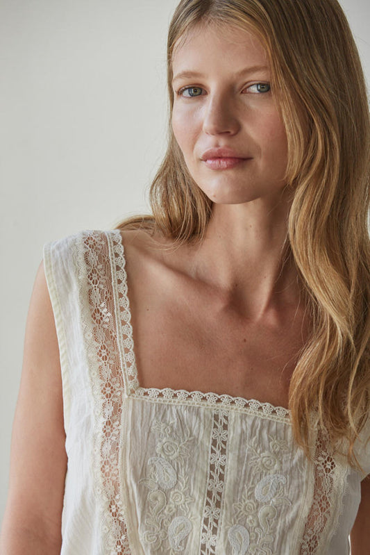 Ivory Cotton Lace Trim Peplum Top