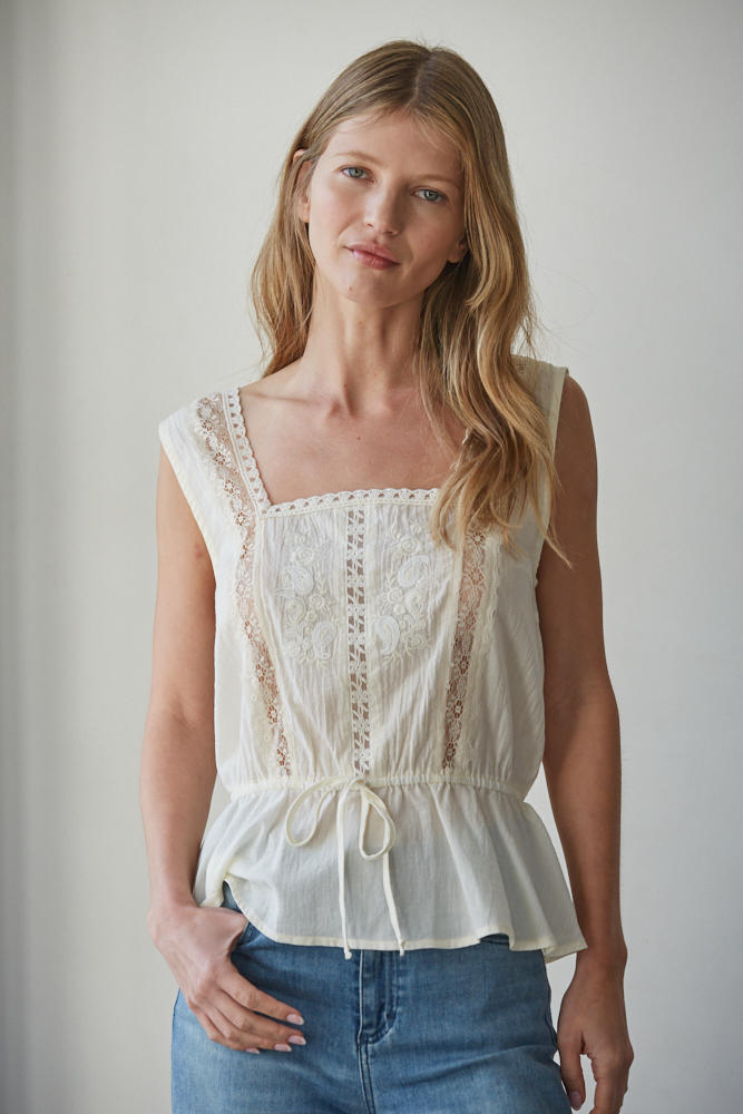 Ivory Cotton Lace Trim Peplum Top