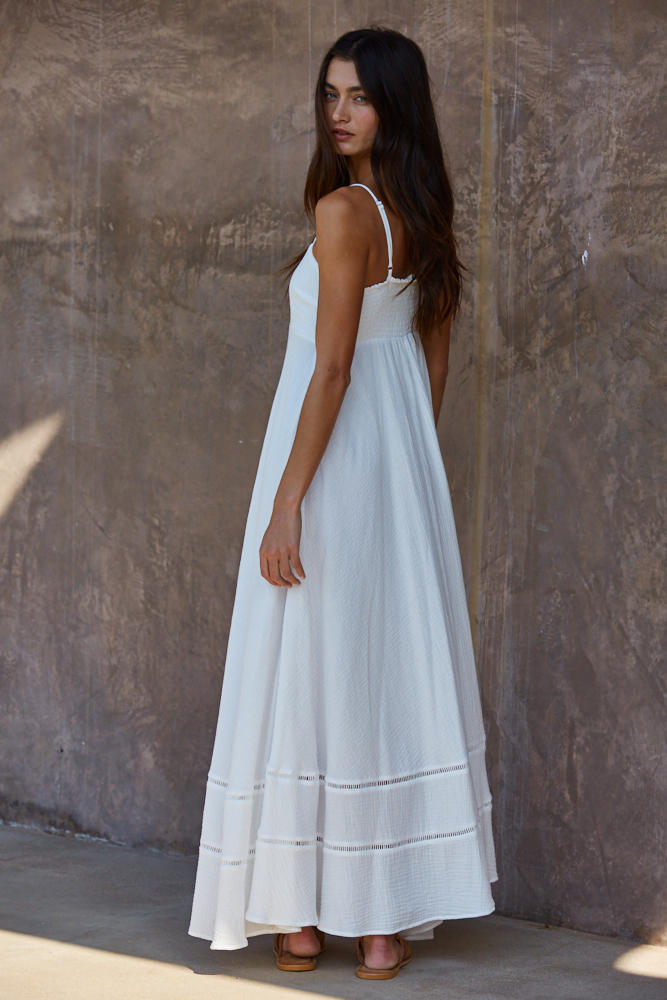 White Cotton Smocked Maxi Dress