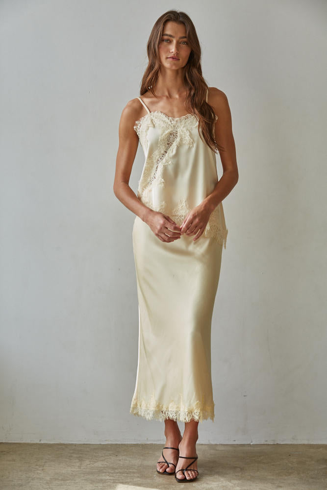 Butter Yellow Satin Lace Trim Midi Skirt