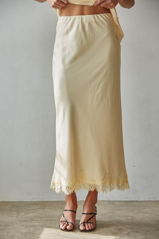Butter Yellow Satin Lace Trim Midi Skirt