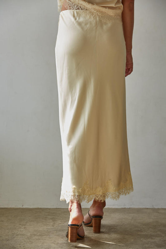 Butter Yellow Satin Lace Trim Midi Skirt