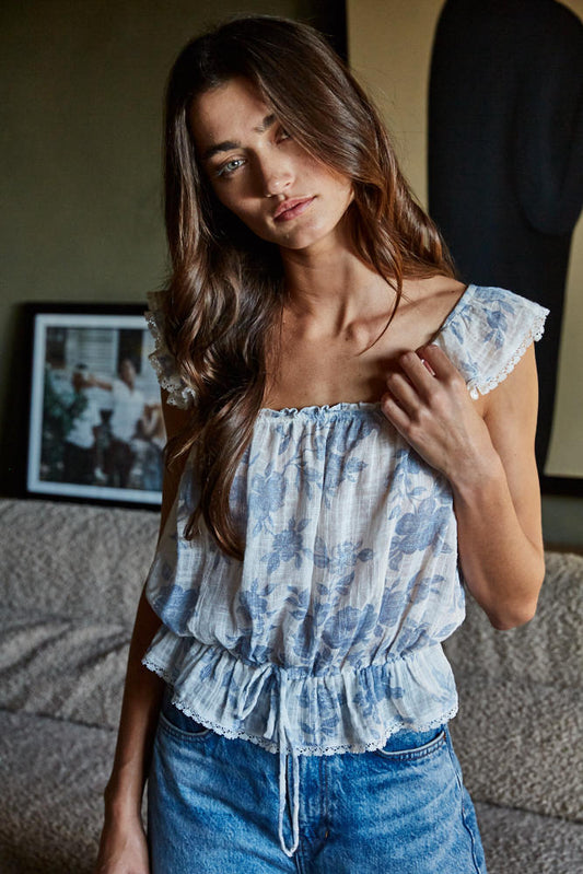 Blue Floral Ruffle Strap Peplum Top