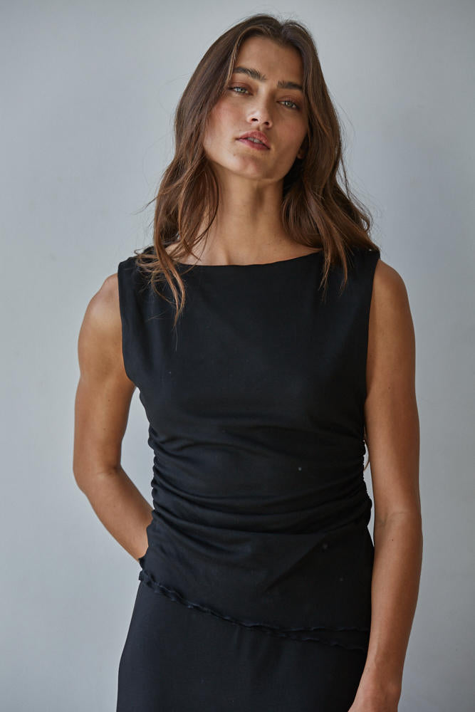 Black Knit Ruched Asymmetric Top