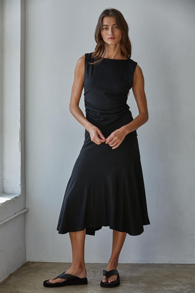 Black Knit Ruched Asymmetric Top