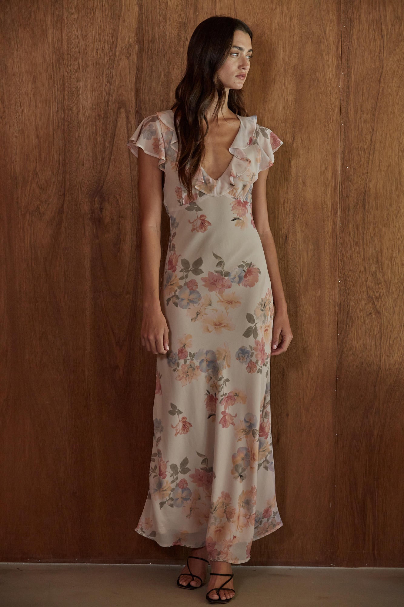 Beige Floral Print Maxi Dress