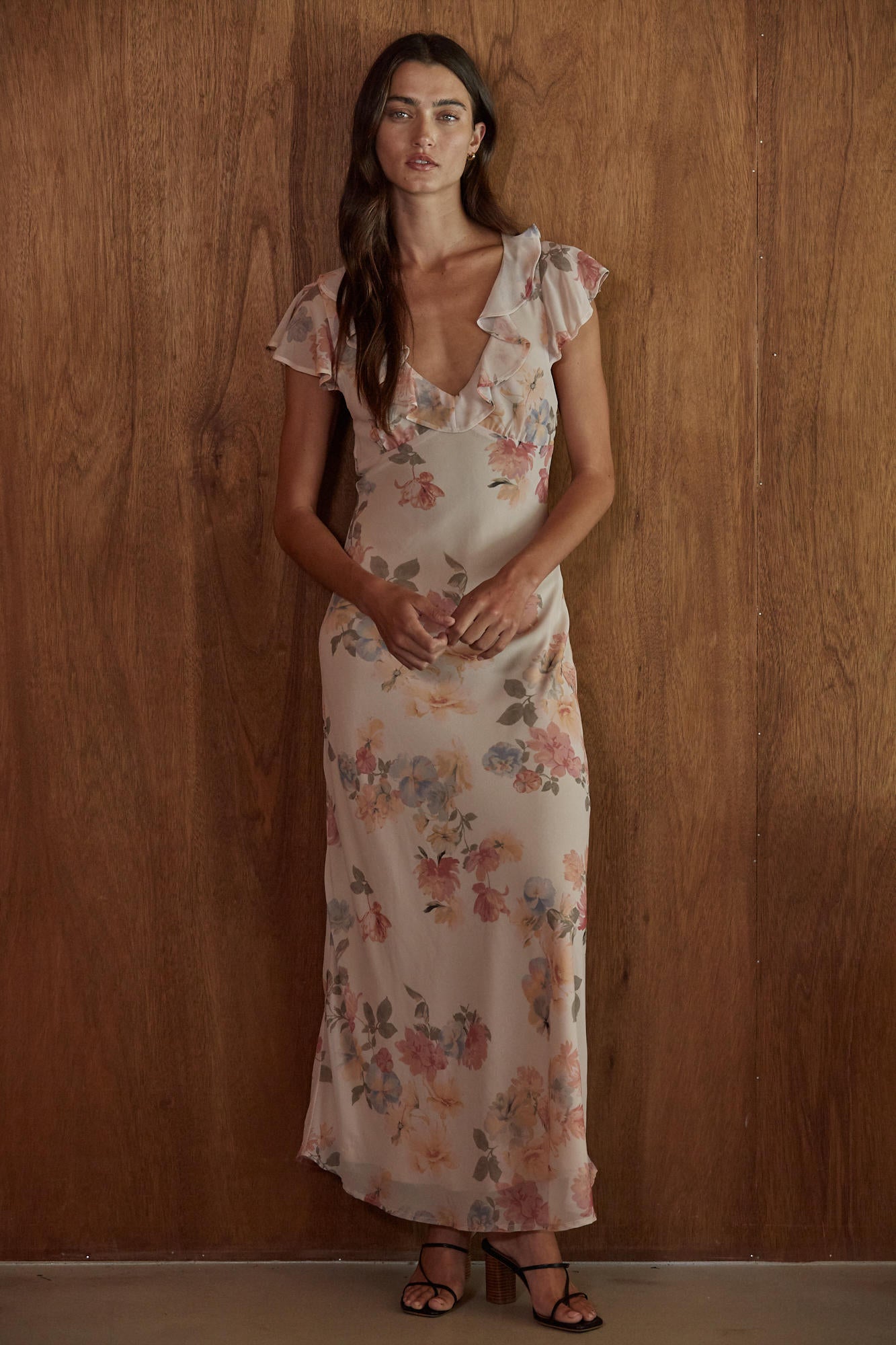 Beige Floral Print Maxi Dress