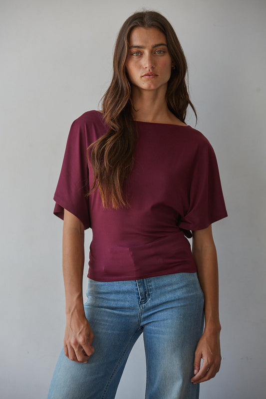 Burgundy Back Tie Batwing Blouse