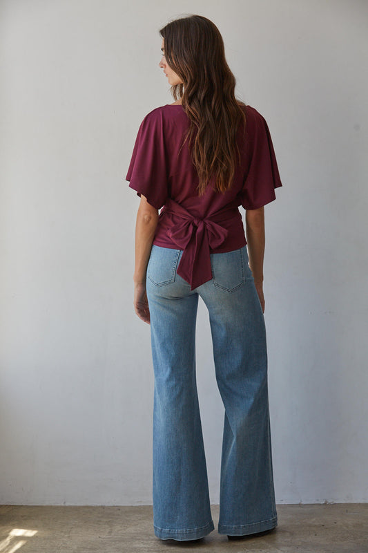 Burgundy Back Tie Batwing Blouse