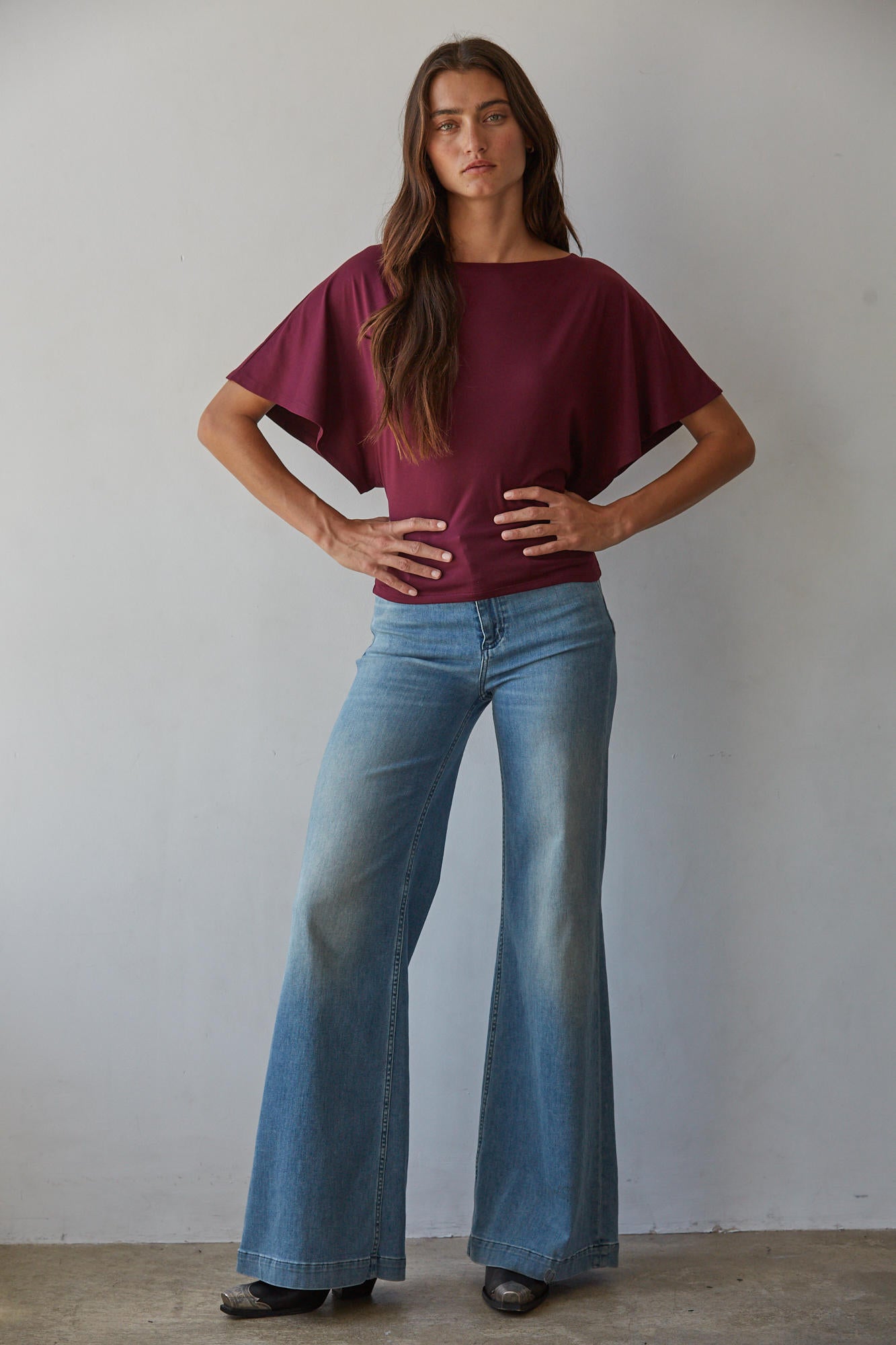 Burgundy Back Tie Batwing Blouse