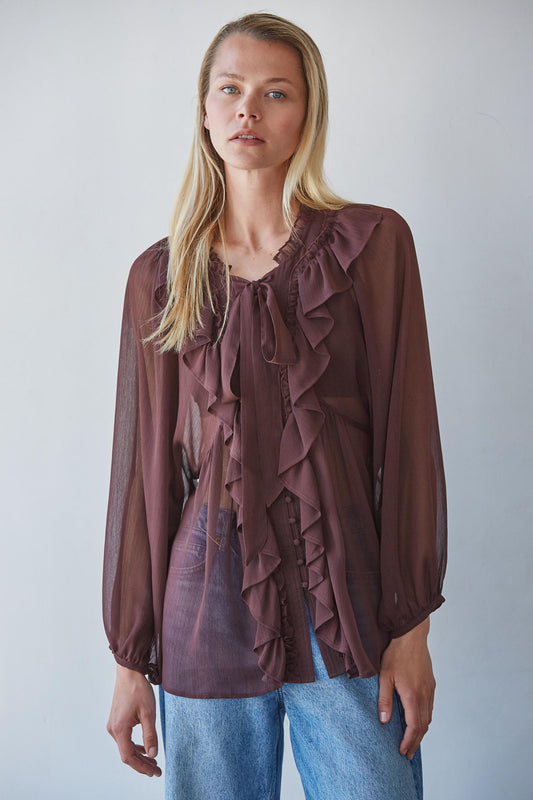 Brown Ruffled Long Sleeve neck Tie Blouse
