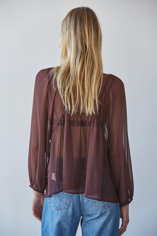 Brown Ruffled Long Sleeve neck Tie Blouse