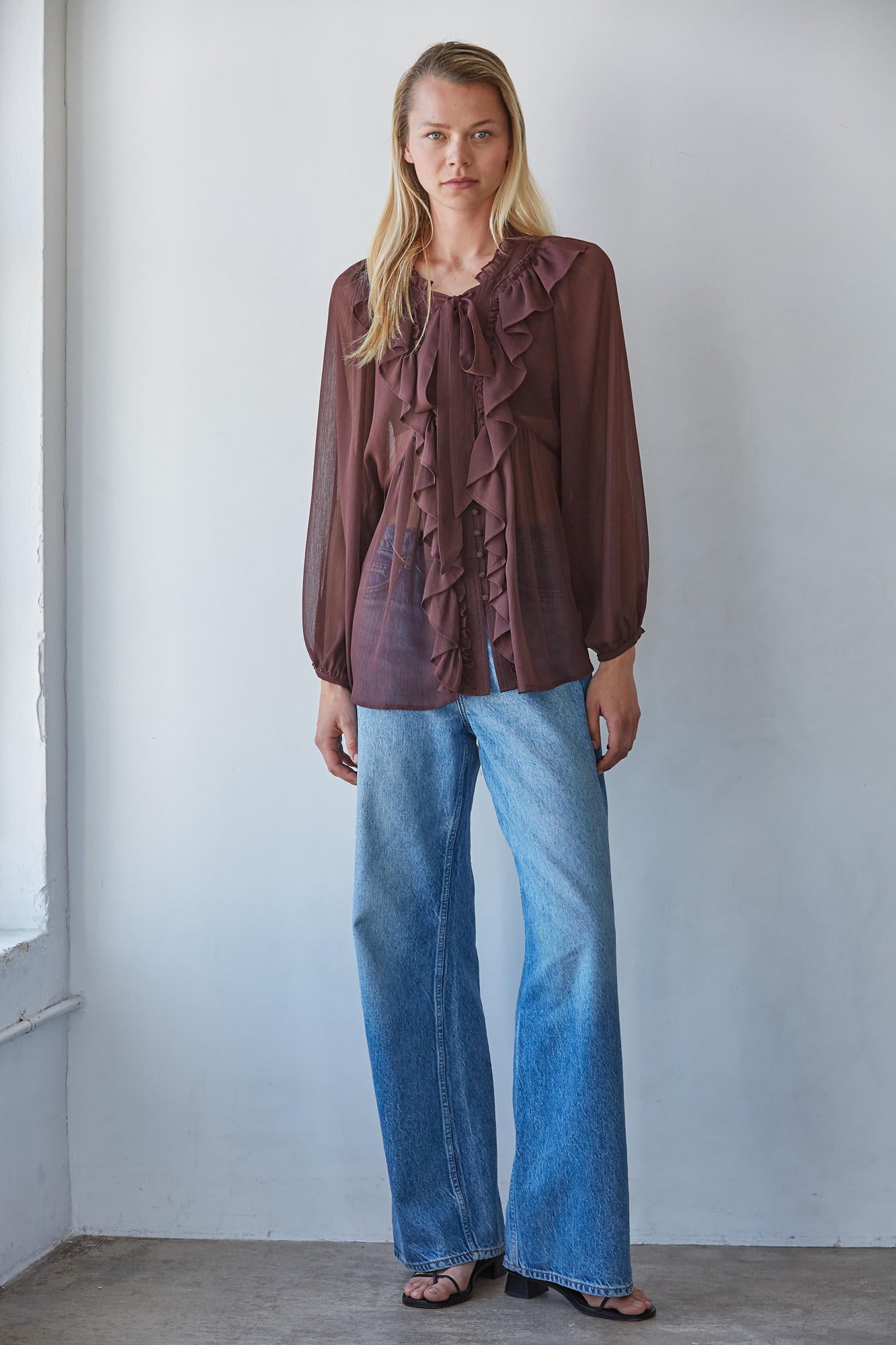 Brown Ruffled Long Sleeve neck Tie Blouse