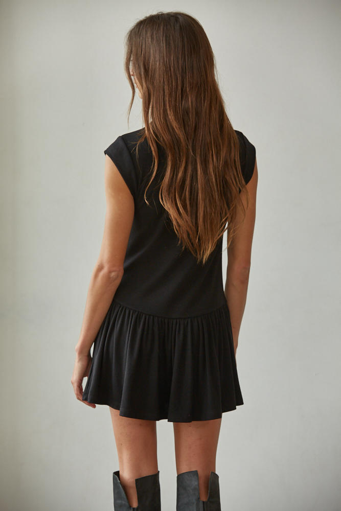 Black Mock Neck Drop Waist Knit Mini Dress