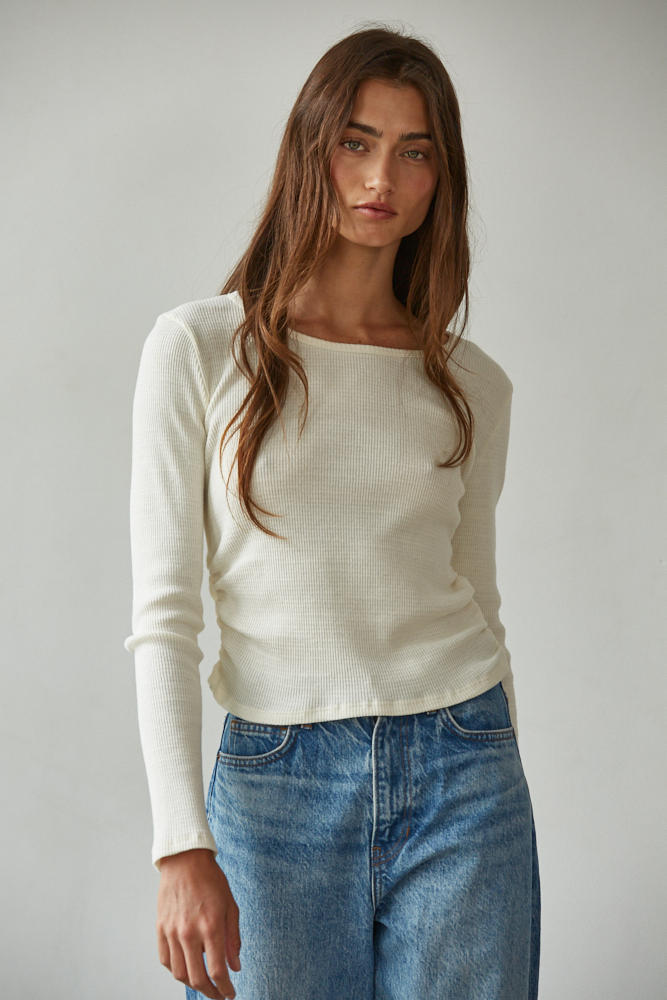 Cream Cotton Thermal Side Ruching Top