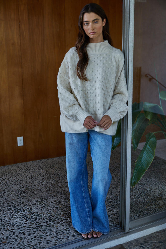 Ivory Popcorn Knit Mock Neck Pullover
