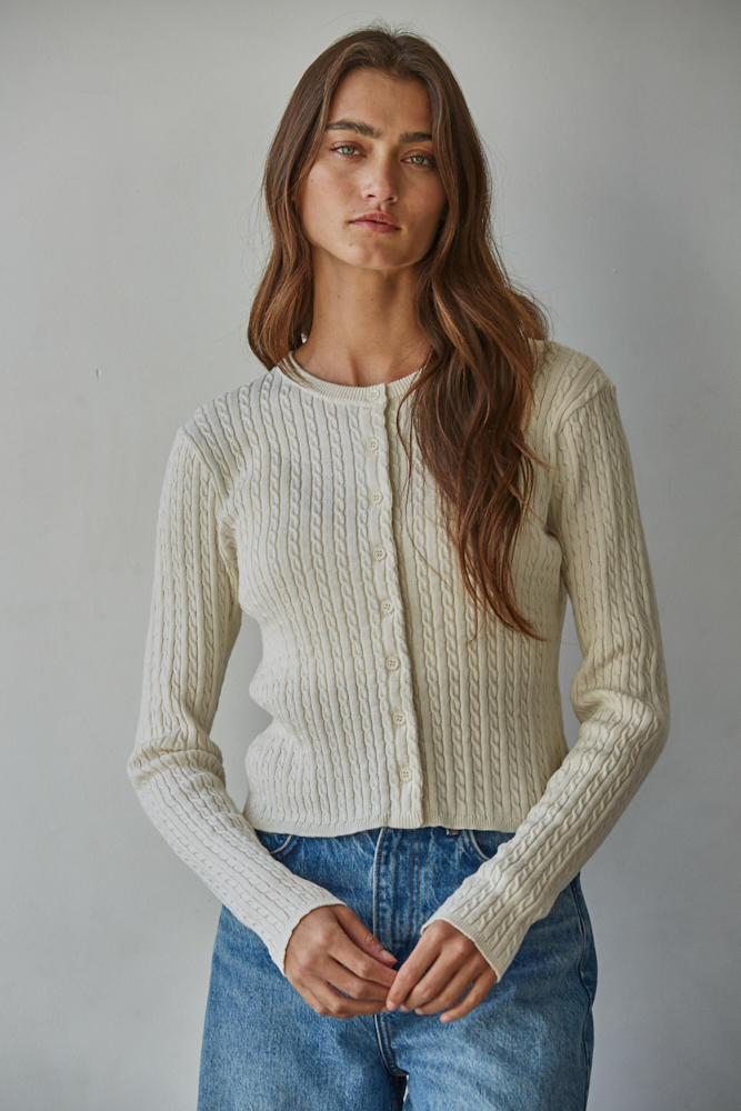 Fitted Cotton Cable Knit Cardigan