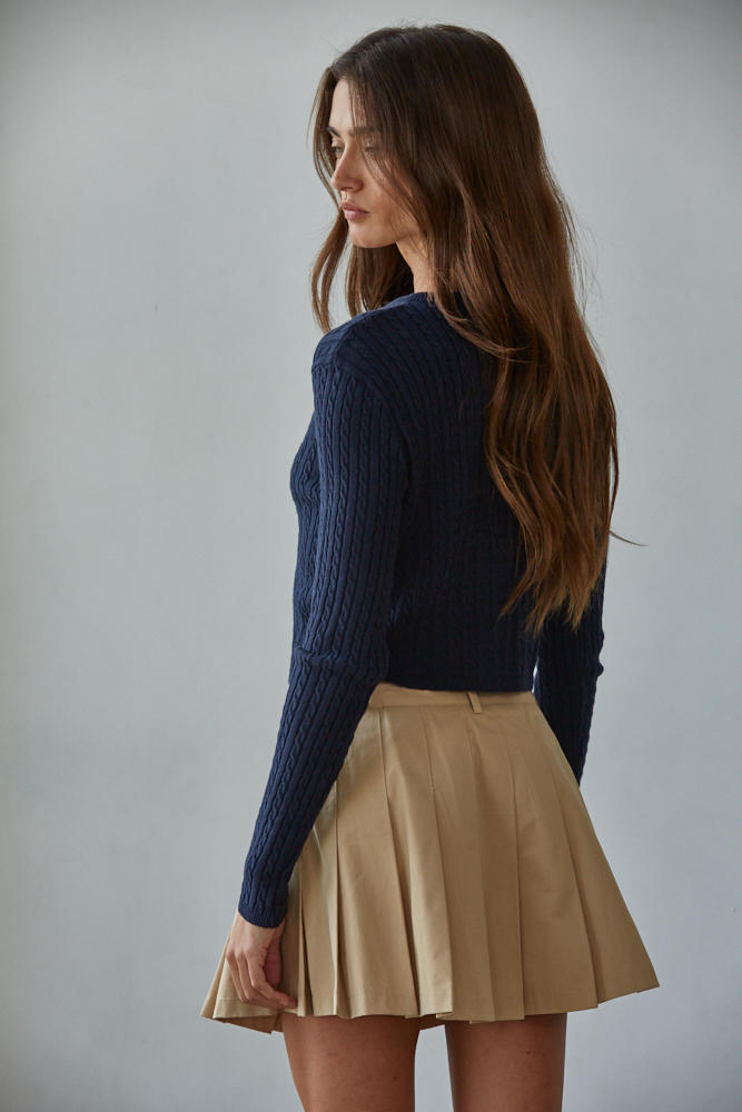 Navy Cable Knit Fitted Crew Neck Cardigan