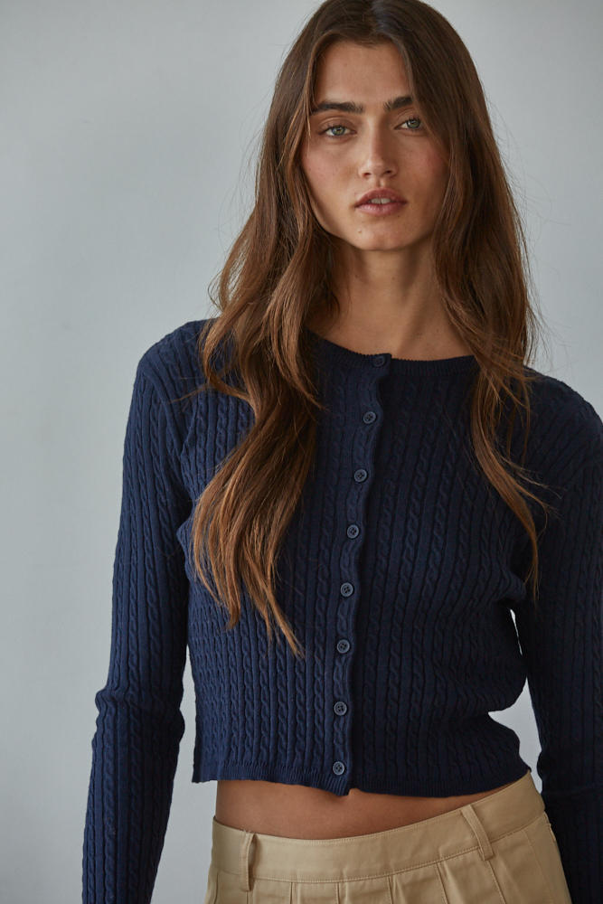 Navy Cable Knit Fitted Crew Neck Cardigan