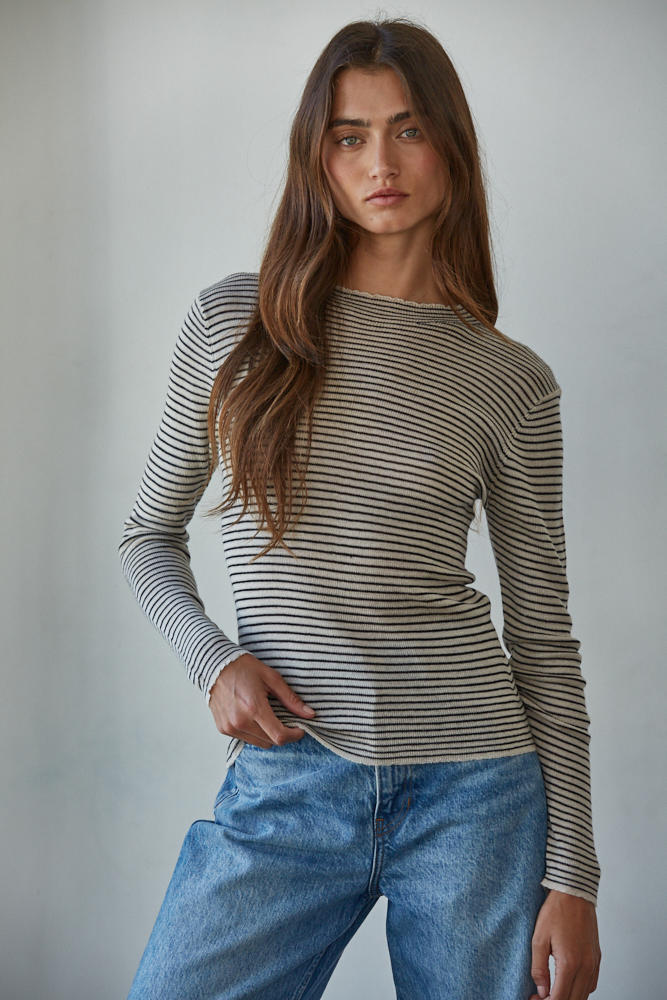Striped Mock Neck Long Sleeve Sweater Knit Top
