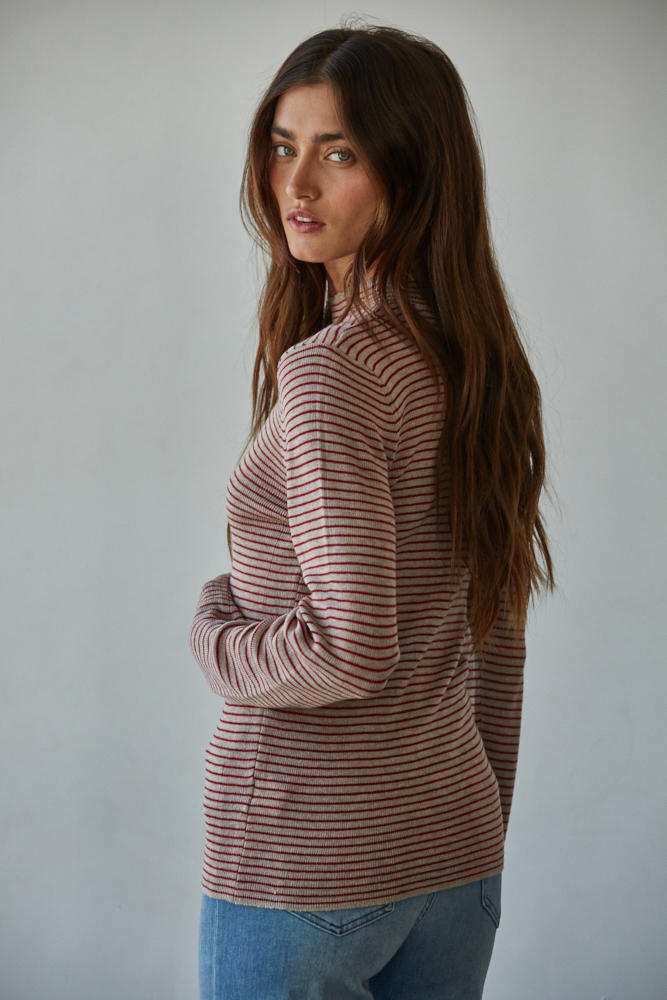 Striped Mock Neck Long Sleeve Sweater Knit Top