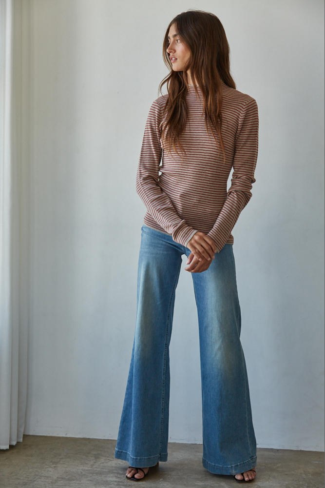 Striped Mock Neck Long Sleeve Sweater Knit Top