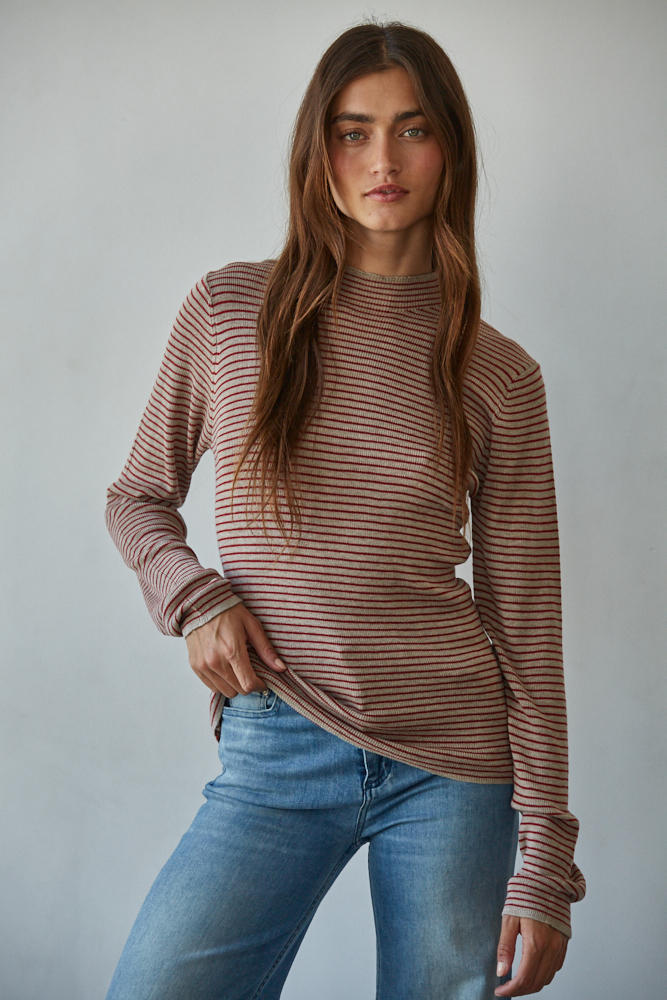 Striped Mock Neck Long Sleeve Sweater Knit Top