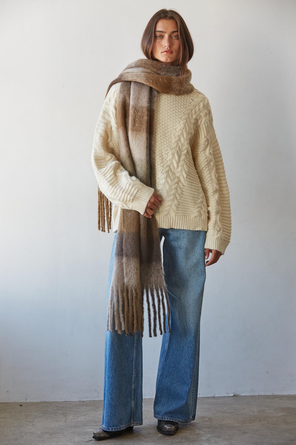 Brown Beige Plaid Fringe Scarf