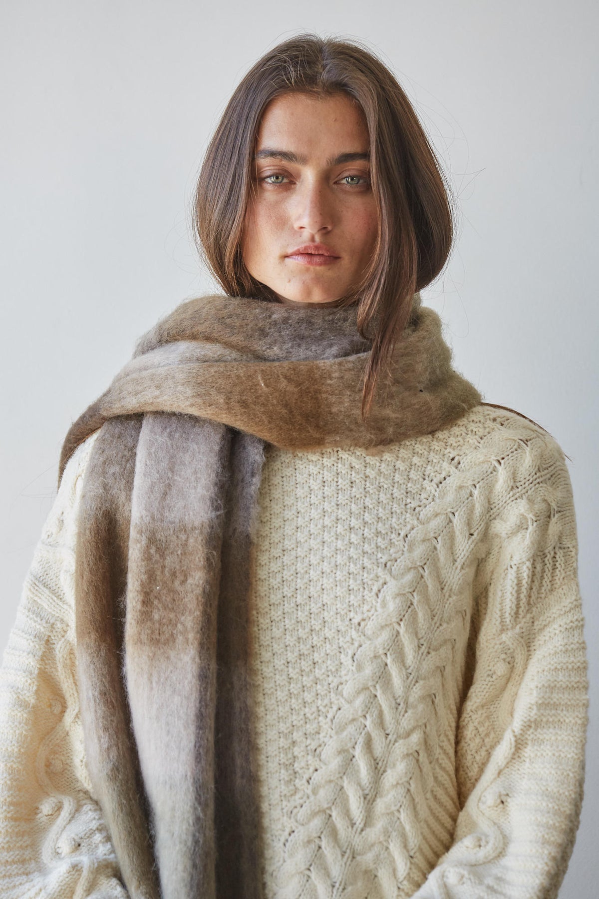 Brown Beige Plaid Fringe Scarf